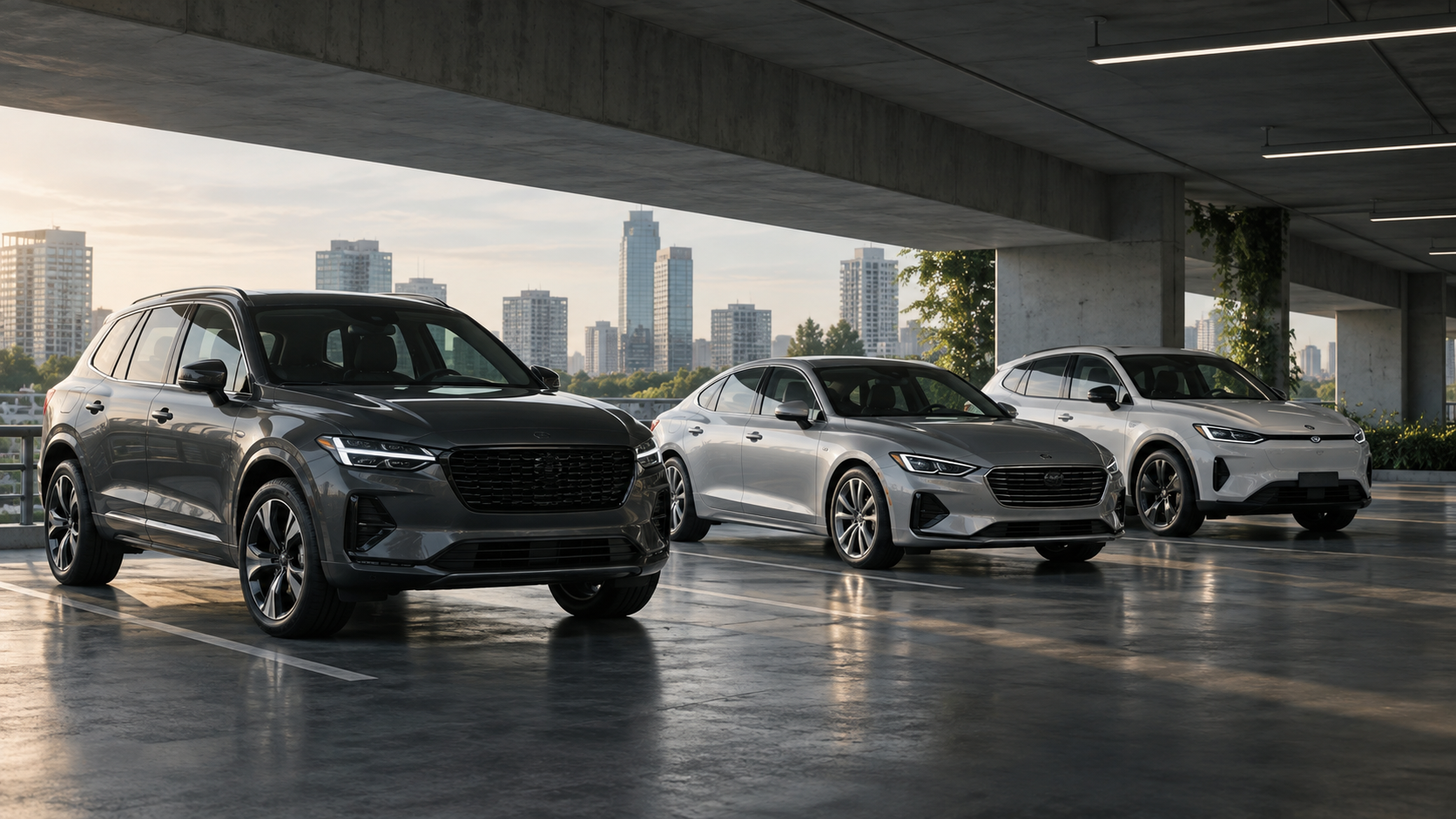 Modern SUV, sedan, and electric crossover in a premium urban fleet garage